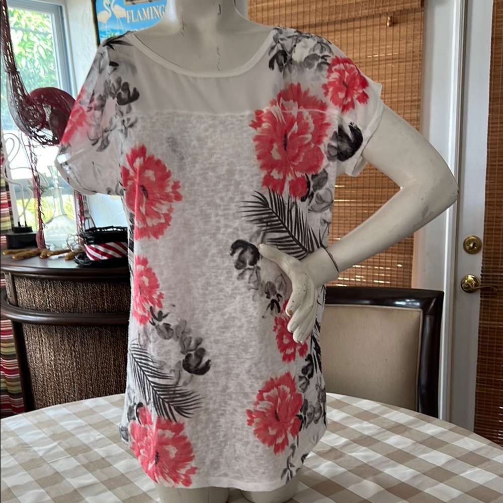 Floral Sheer Top with Orange and Gray Design